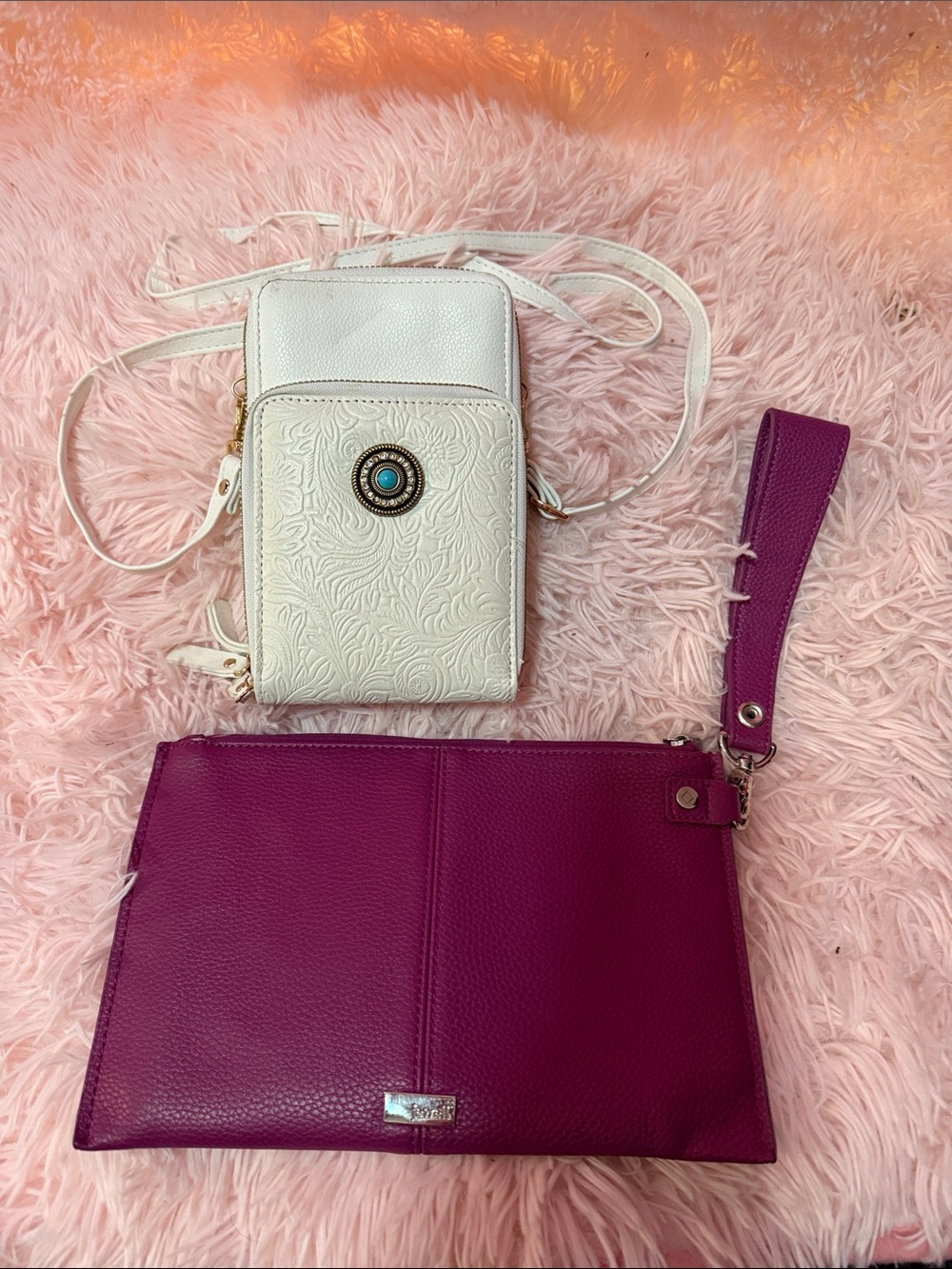 White Embossed Crossbody Phone Bag with Turquoise Accent & Magenta Wristlet